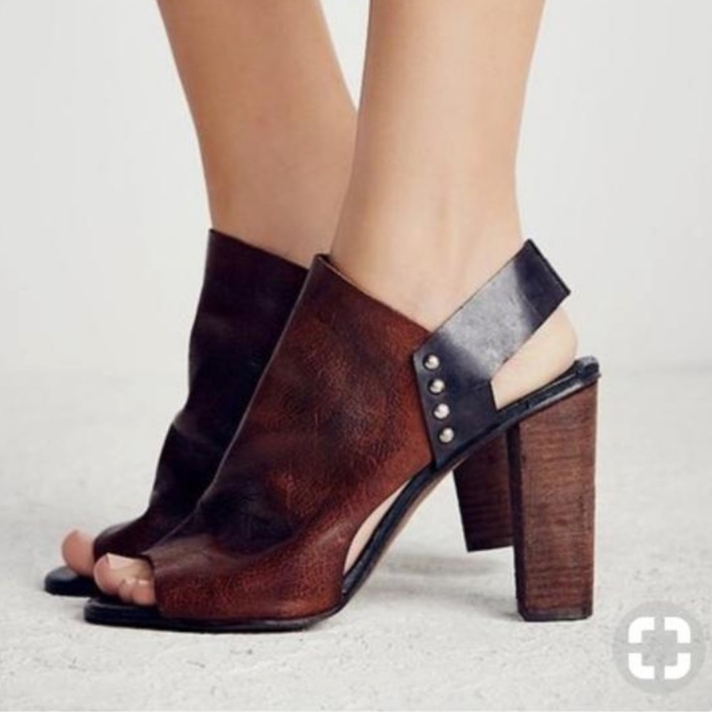 Free People Chocolate Brown/Black Leather Peep-toe Slingback with Wooden Heel 37